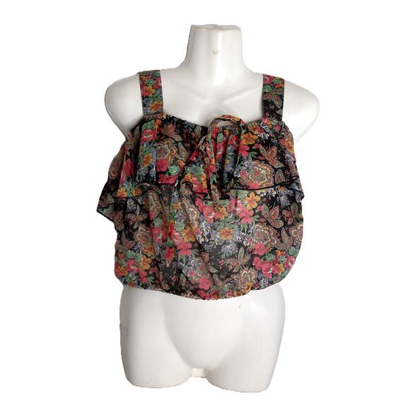 Vintage LGT Cropped Floral Ruffle Boho Hippie Tank Halter Tank Top Size 12/13 - Picture 1 of 6